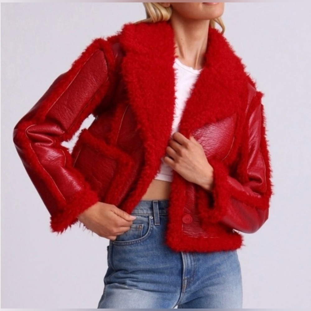 7 For All Mankind Stella Red Vegan Leather Faux Fur Shearling Cropped Jacket XS